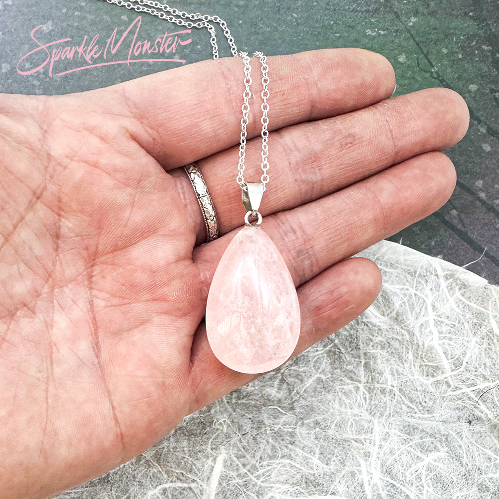 Rose Quartz Teardrop SS Plated .925 Necklace