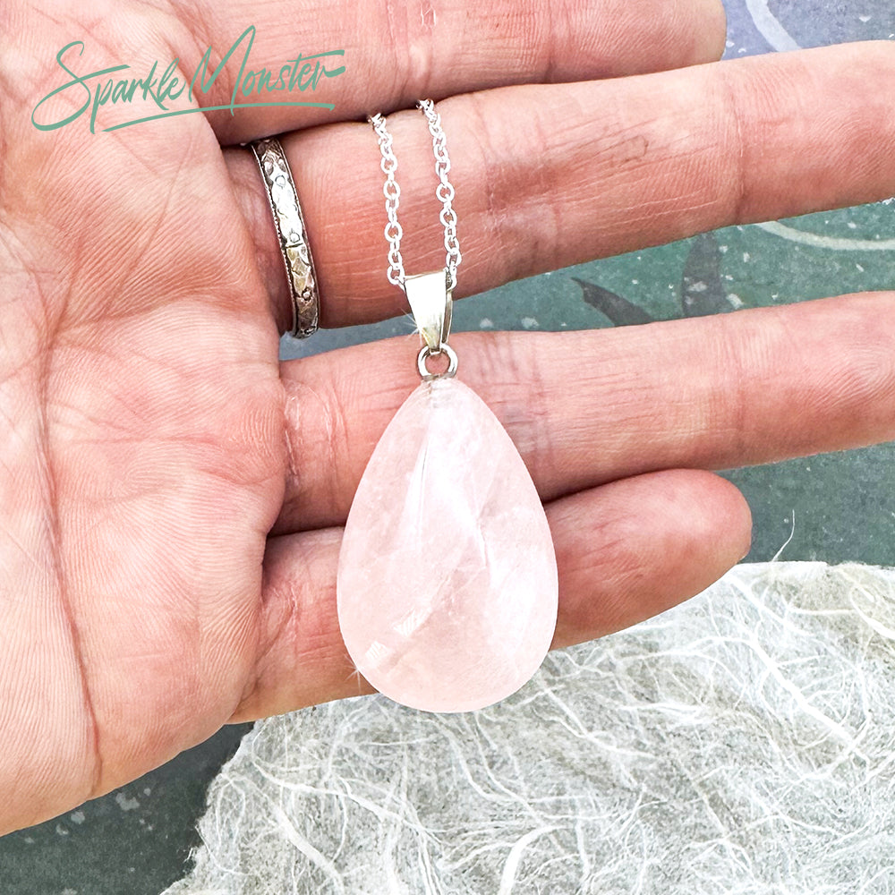 Rose Quartz Teardrop SS Plated .925 Necklace