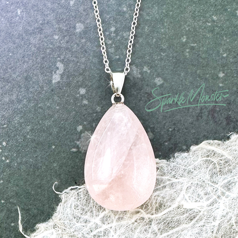 Rose Quartz Teardrop SS Plated .925 Necklace