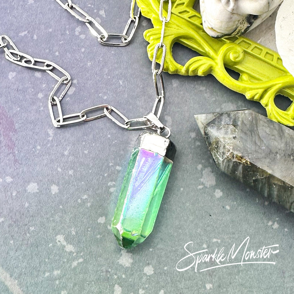 LUCKY LAST Green Aura Quartz Point Necklace on stainless steel