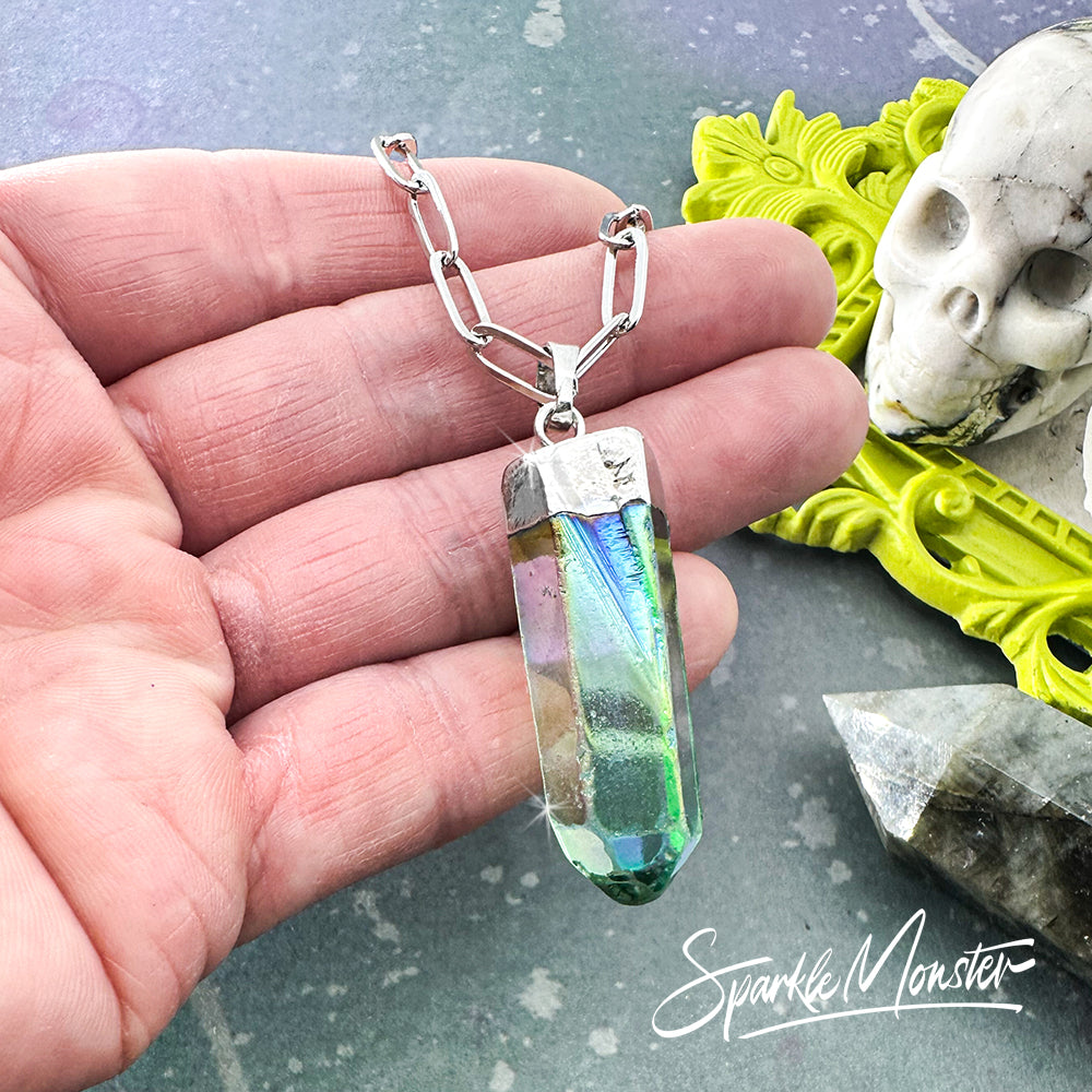 LUCKY LAST Green Aura Quartz Point Necklace on stainless steel