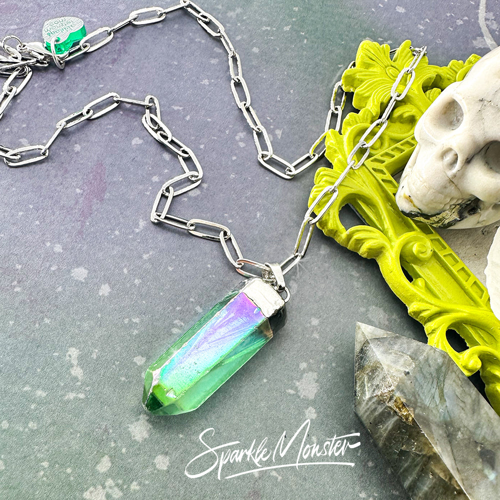 LUCKY LAST Green Aura Quartz Point Necklace on stainless steel
