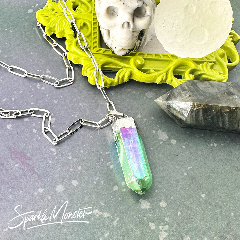 LUCKY LAST Green Aura Quartz Point Necklace on stainless steel
