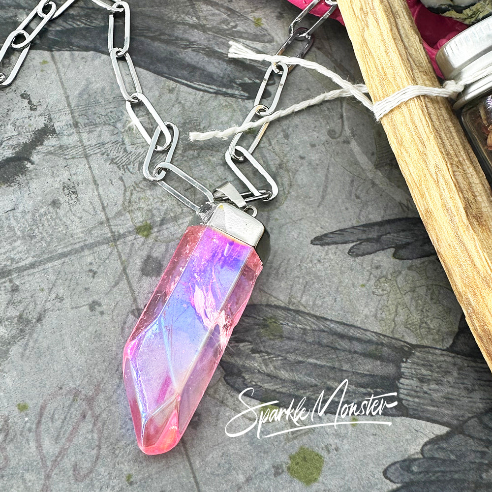 SALE Pink Aura Quartz Point Necklace on stainless steel