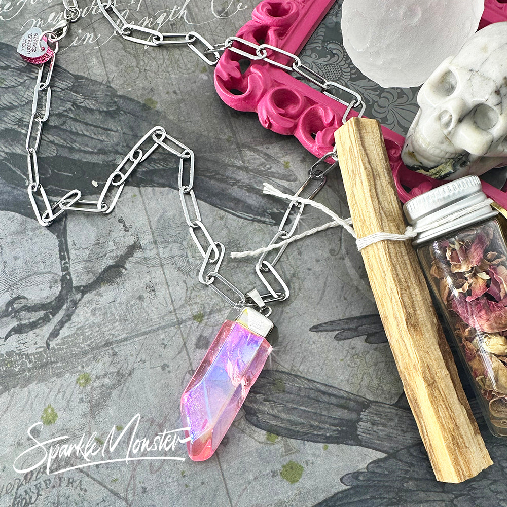 SALE Pink Aura Quartz Point Necklace on stainless steel