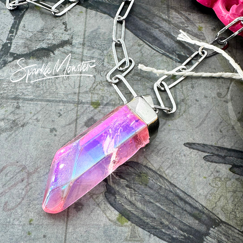 SALE Pink Aura Quartz Point Necklace on stainless steel