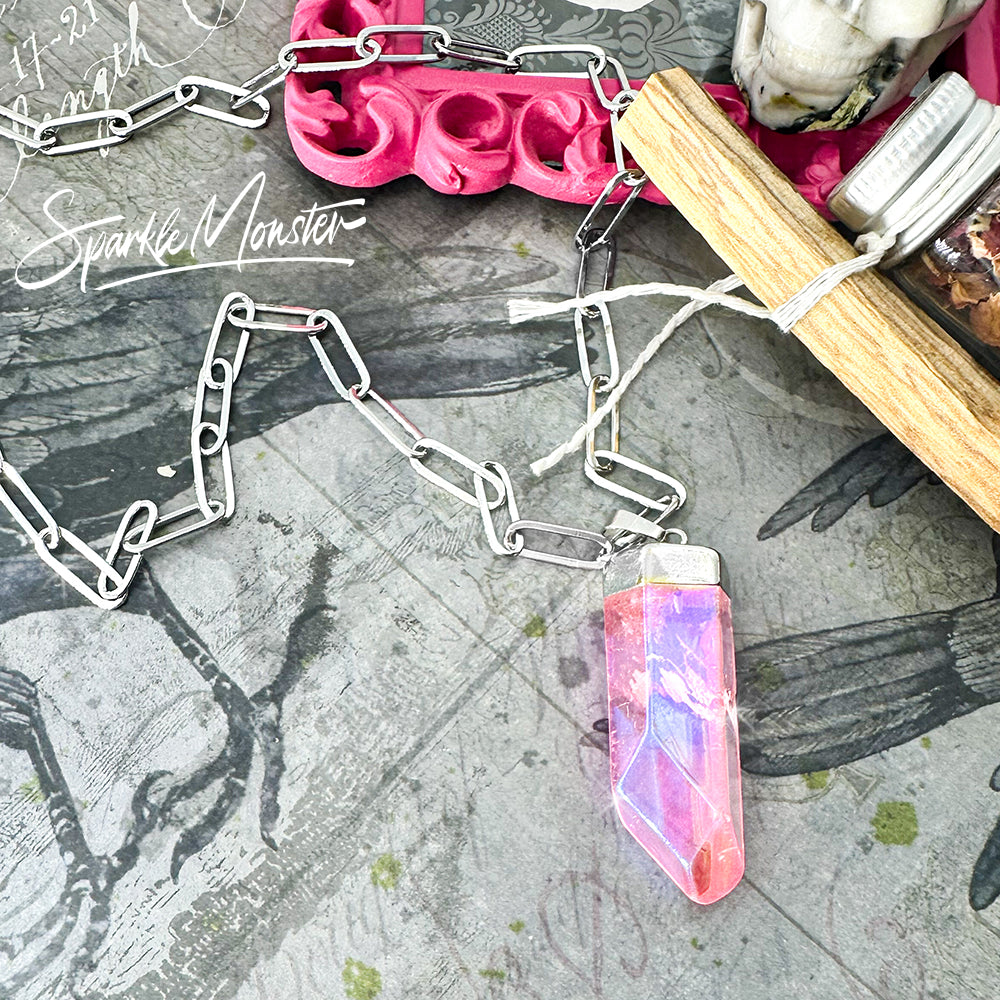 SALE Pink Aura Quartz Point Necklace on stainless steel