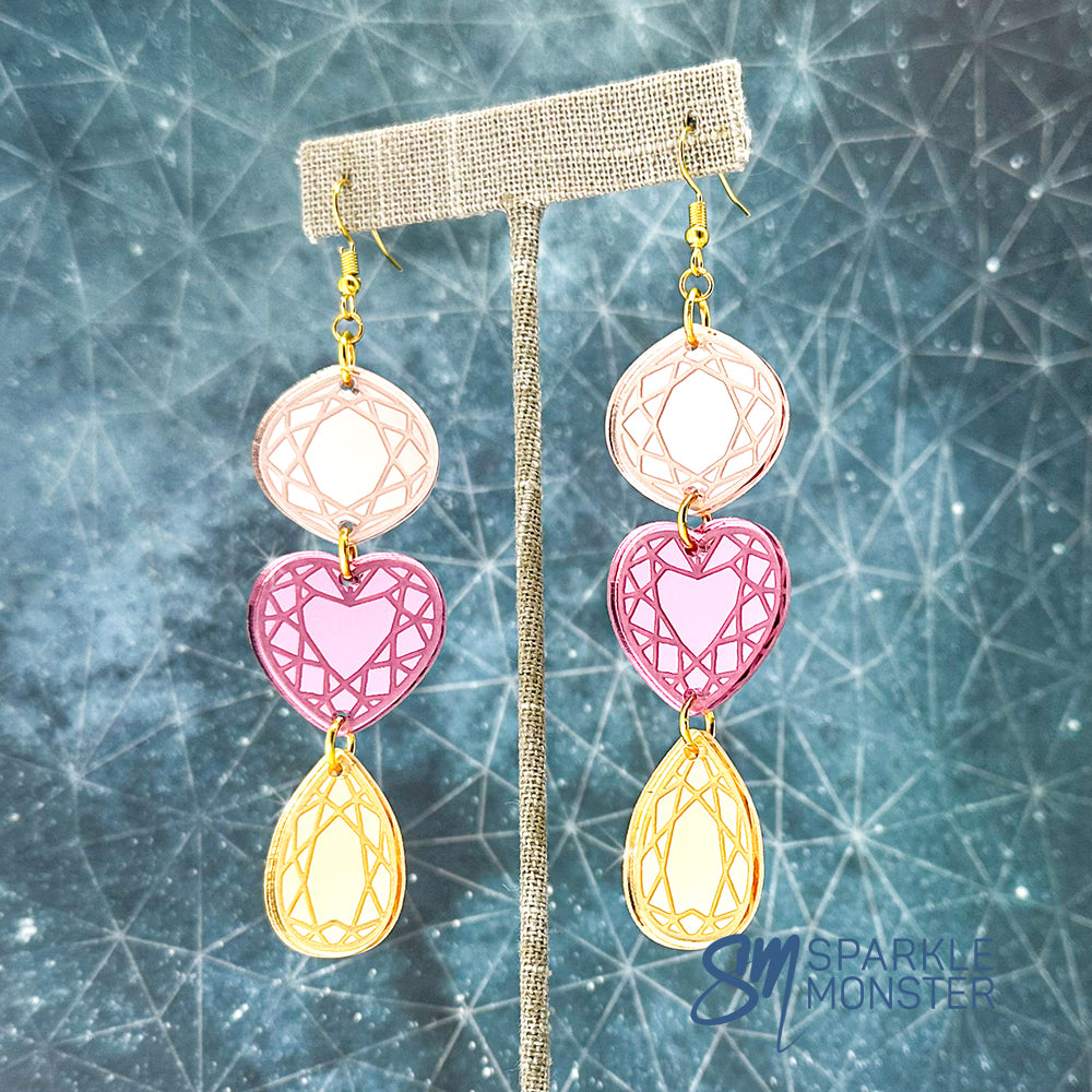 Bejeweled dangle earrings, pink and gold