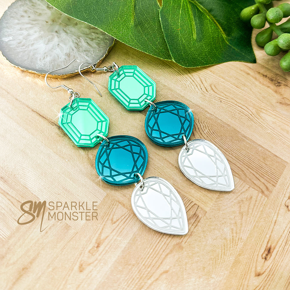 Bejeweled dangle earrings, green and teal