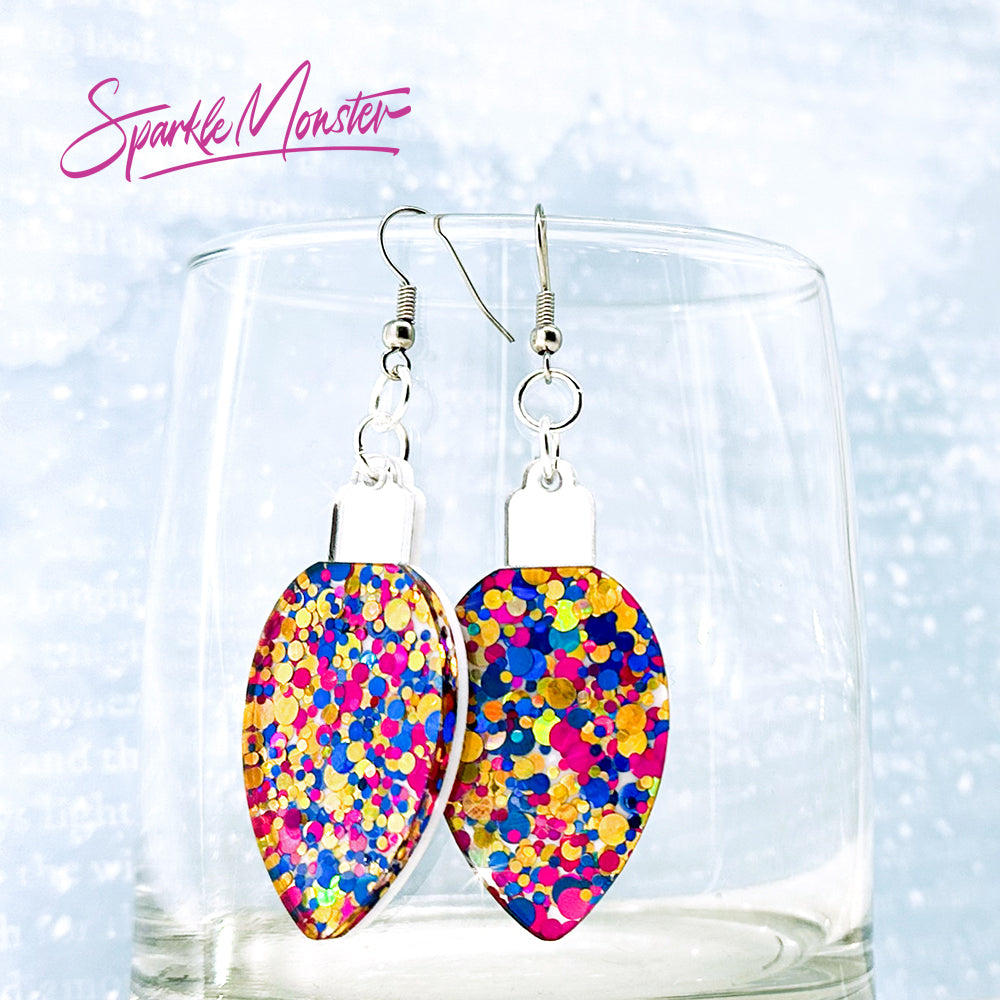 SALE Christmas Light earrings, blue, gold, and magenta confetti glitter