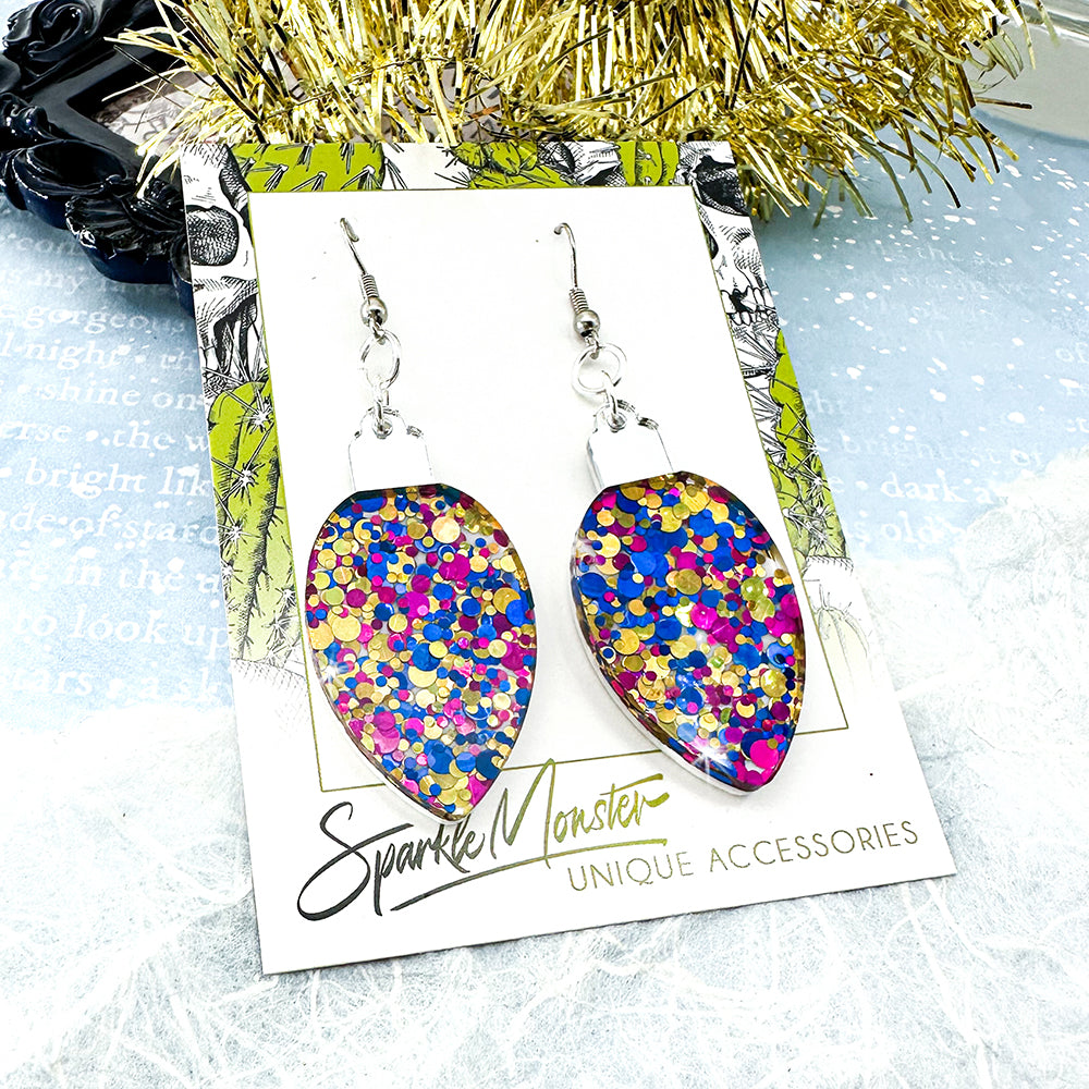 SALE Christmas Light earrings, blue, gold, and magenta confetti glitter