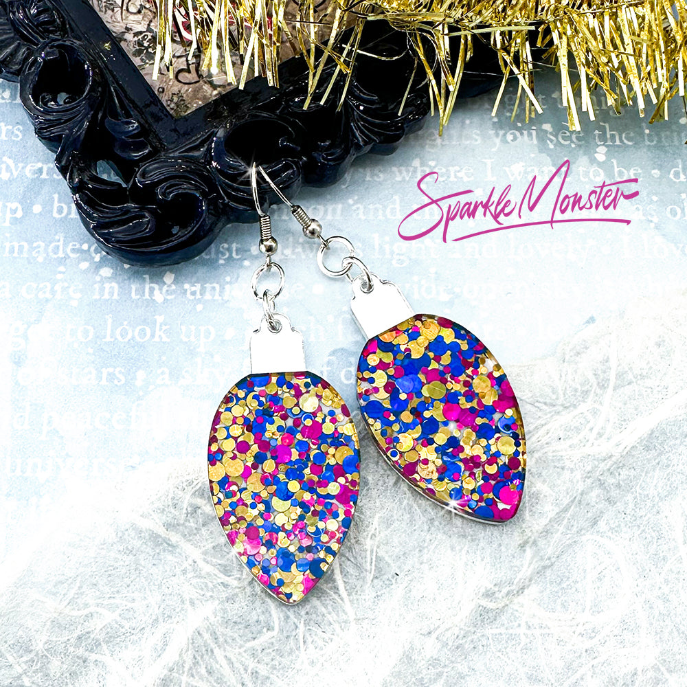 SALE Christmas Light earrings, blue, gold, and magenta confetti glitter