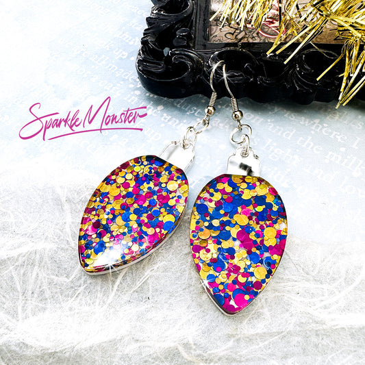 Christmas Light earrings, blue, gold, and magenta confetti glitter