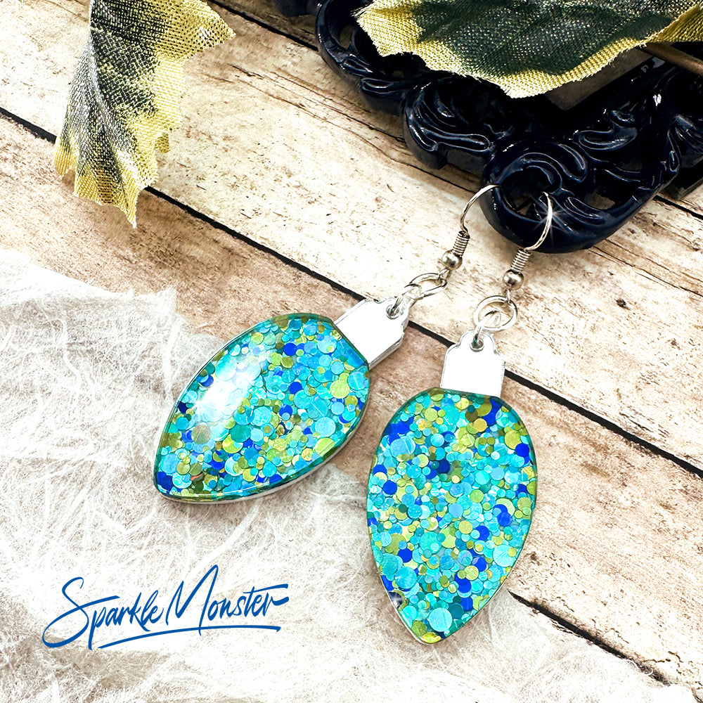 SALE Christmas Light earrings, aqua blue confetti glitter