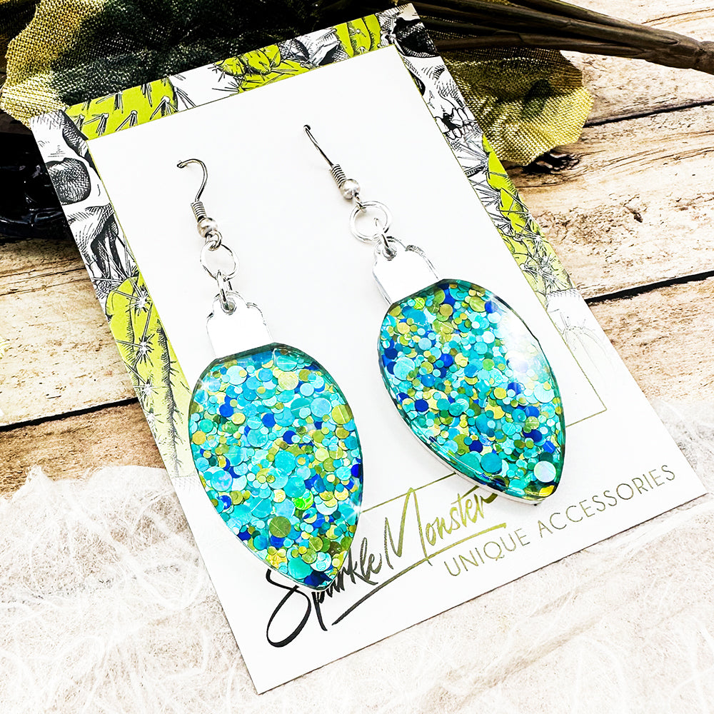 SALE Christmas Light earrings, aqua blue confetti glitter