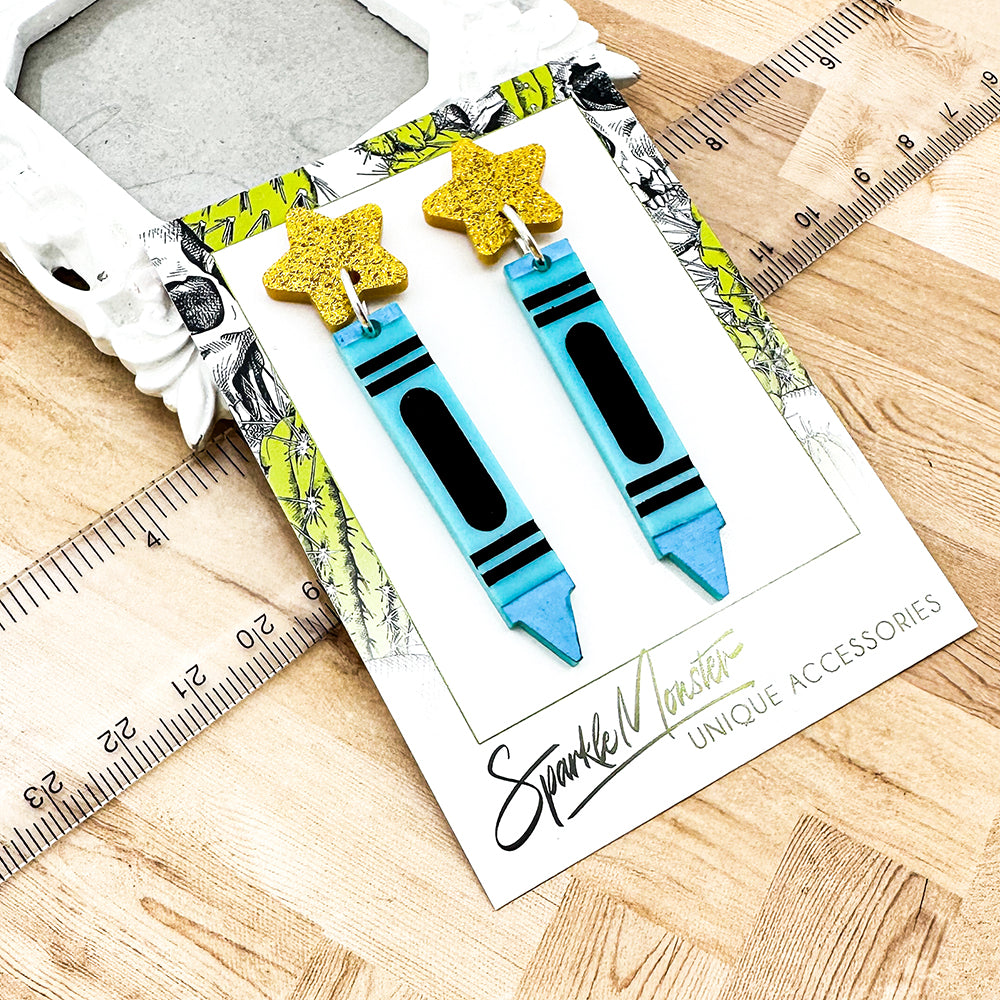 Crayon Earrings - laser cut acrylic dangle earrings, turquoise