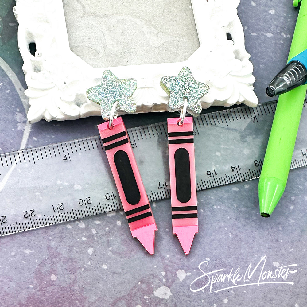 SALE Crayon Earrings - laser cut acrylic dangle earrings, pink
