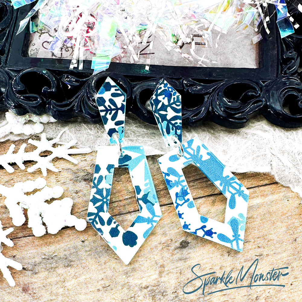 SALE Everyday Art Deco earrings, white with blue snowflakes