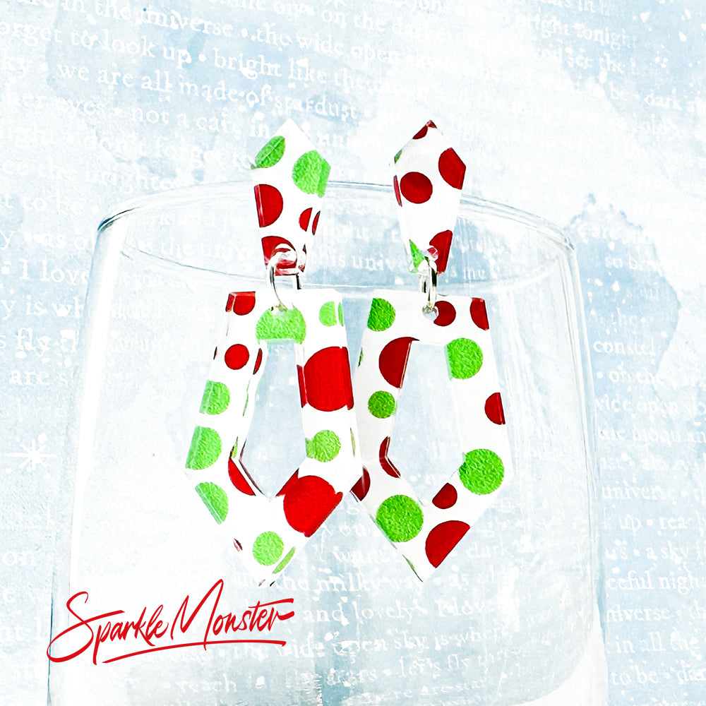 SALE Everyday Art Deco earrings, red and green Christmas dots