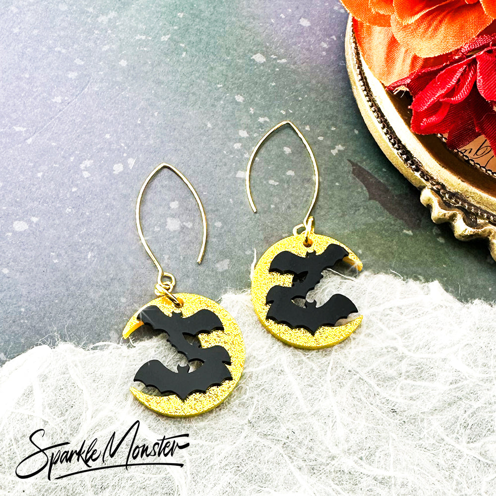Freakin' Bats - elegant moon dangle earrings, laser cut acrylic, crescent moon, yellow glitter