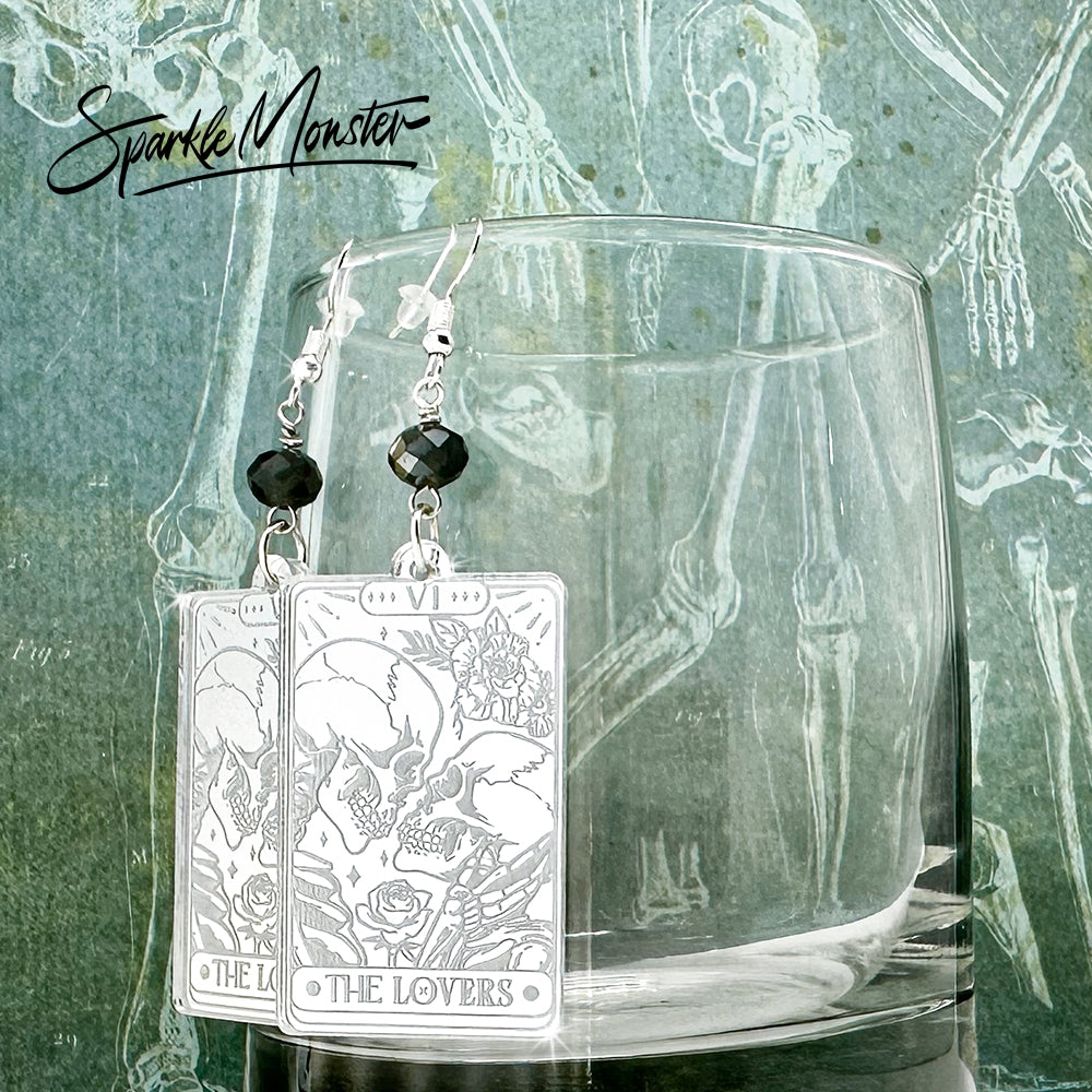 The Lovers, tarot card earrings, silver mirror