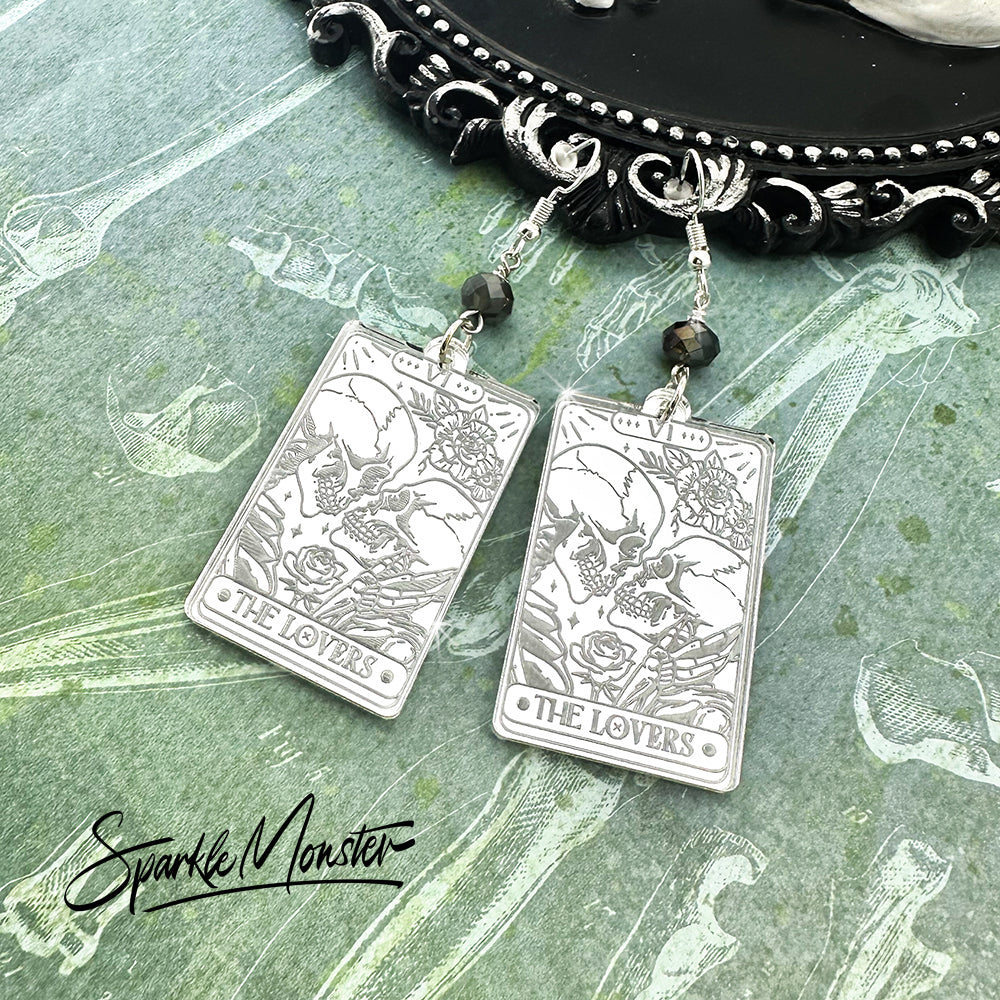 The Lovers, tarot card earrings, silver mirror