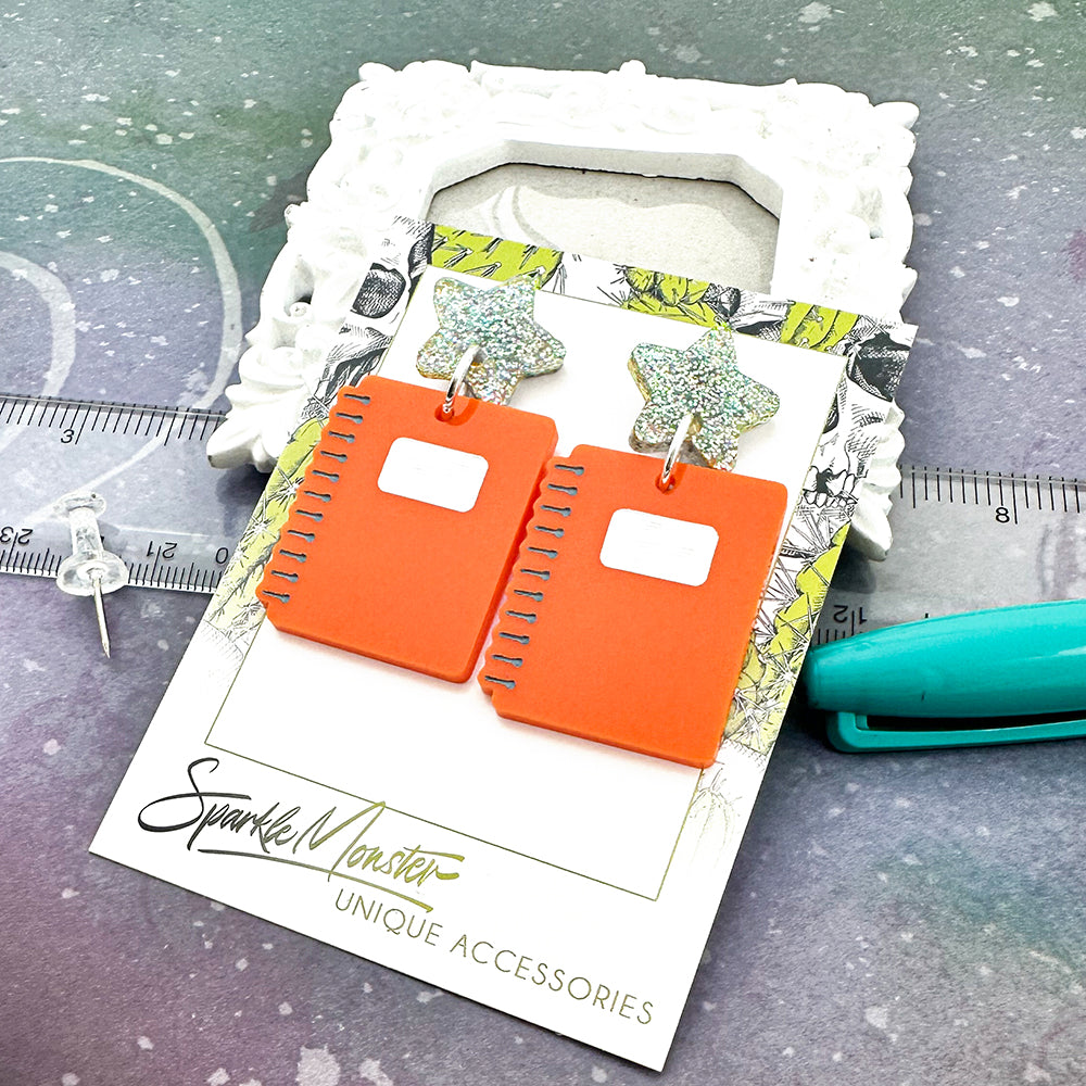 SALE Take Notes - orange notebook dangle earrings