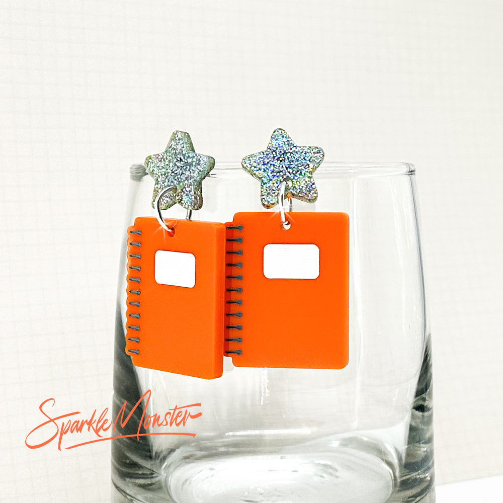 Take Notes - orange notebook dangle earrings