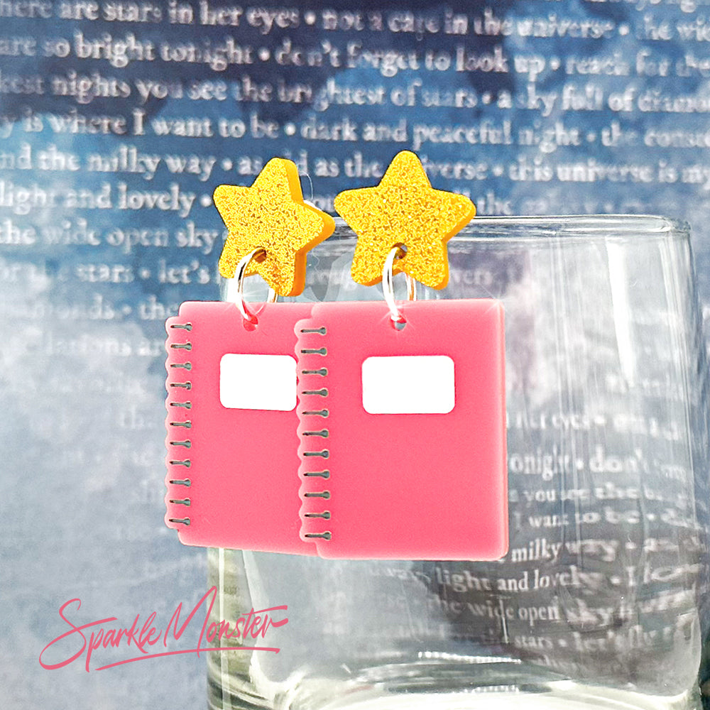 SALE Take Notes - pink notebook dangle earrings