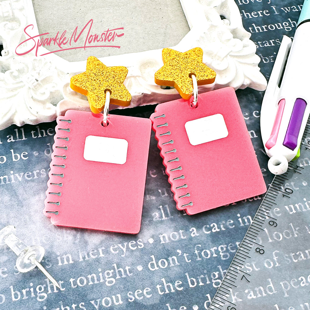 SALE Take Notes - pink notebook dangle earrings
