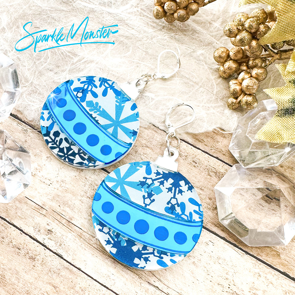 Tis The Season, blue and white large ornament earrings