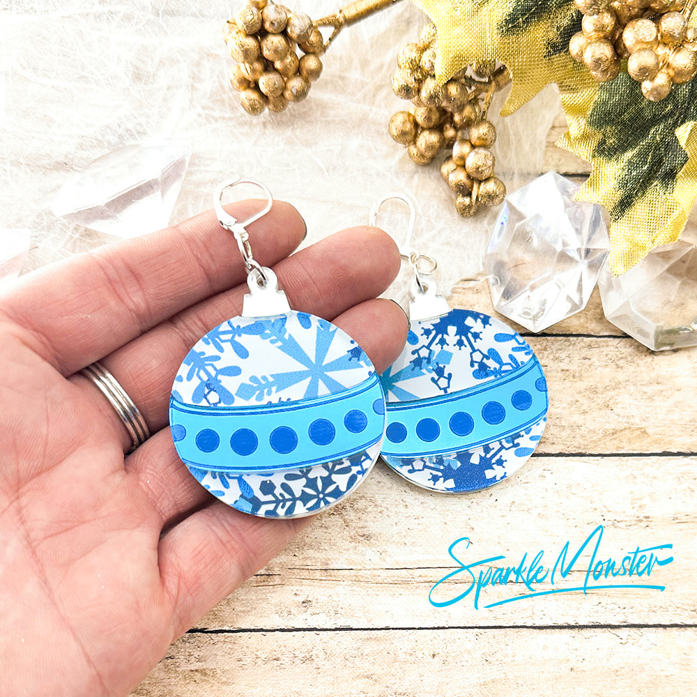 Tis The Season, blue and white large ornament earrings