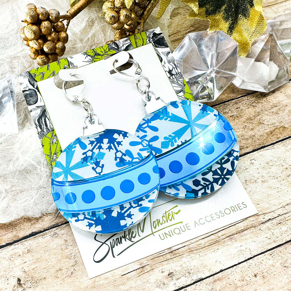 SALE Tis The Season, blue and white large ornament earrings