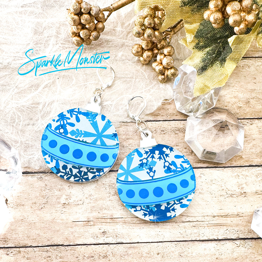 Tis The Season, blue and white large ornament earrings