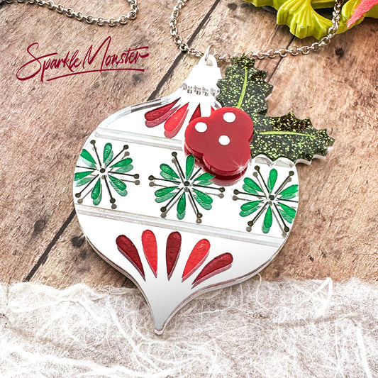 All Is Bright, large ornament necklace, silver mirror