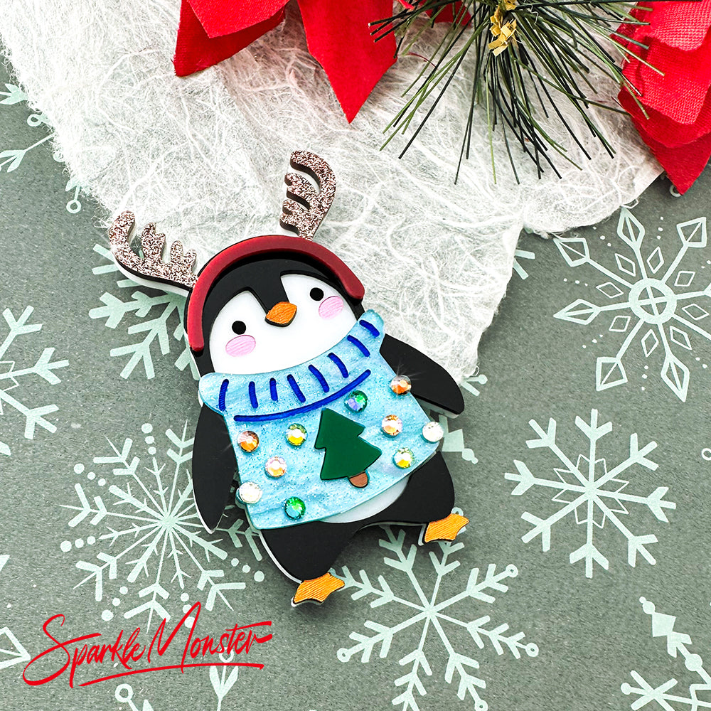 Holiday Party Penguin, magnetic brooch