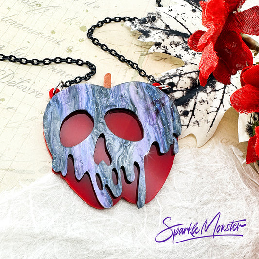 Poison Apple necklace, purple and black glitter on red
