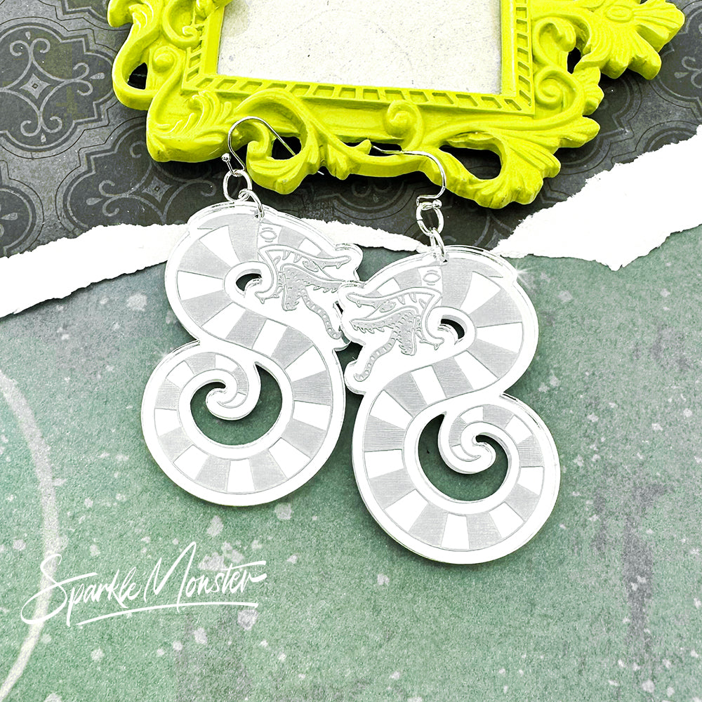 SALE Sandworm dangle earrings, silver mirror acrylic