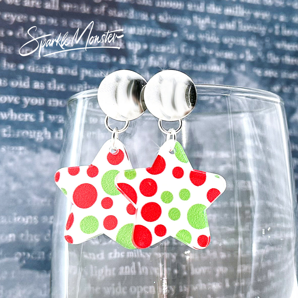 Christmas Stars, red and green dots, silver post earrings