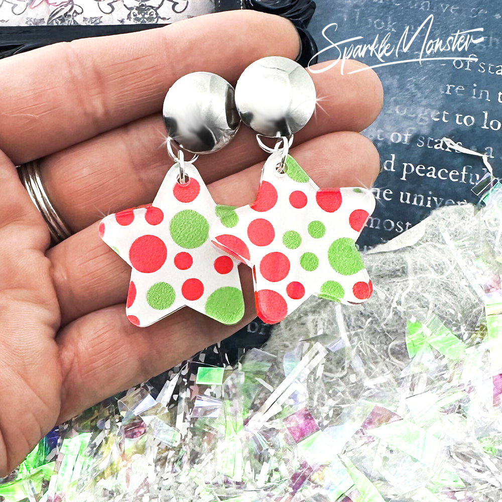 Christmas Stars, red and green dots, silver post earrings