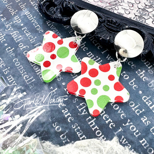 Christmas Stars, red and green dots, silver post earrings