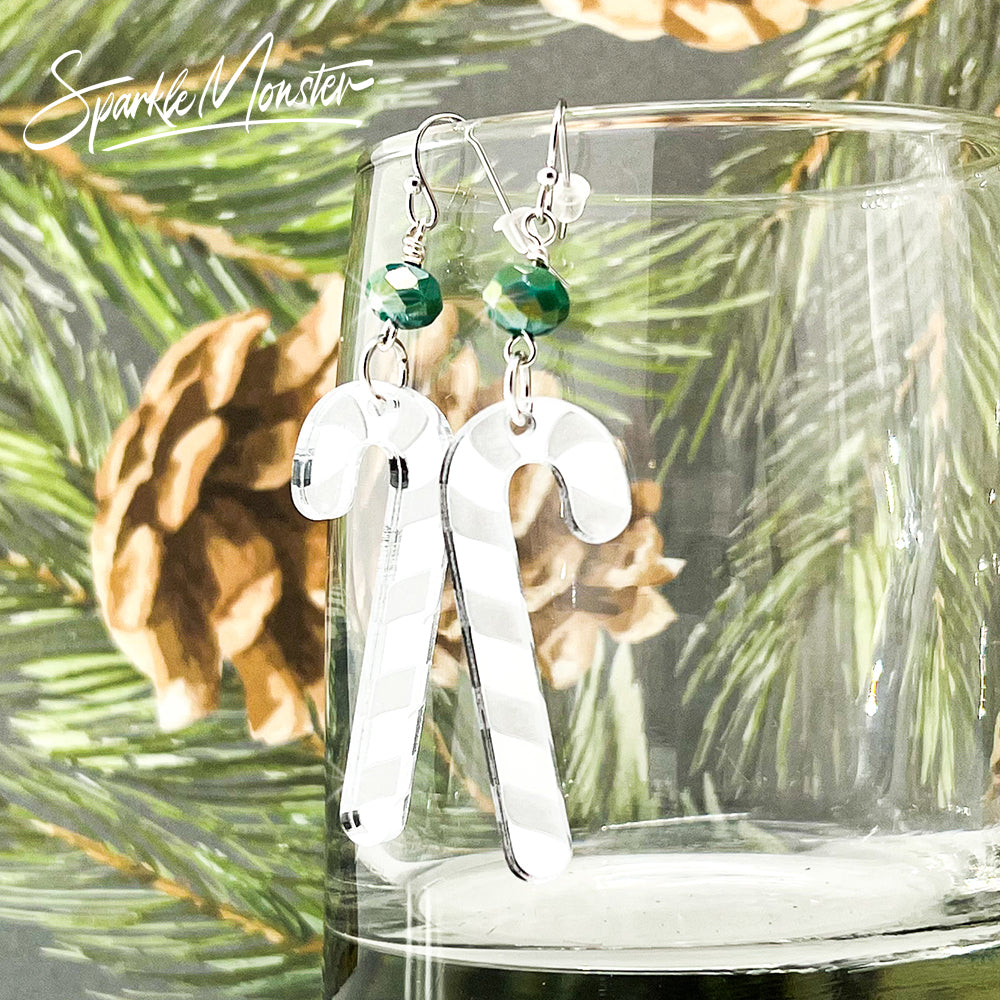 Candy Cane dangle earrings with Jade Green crystals, silver mirror, laser cut acrylic