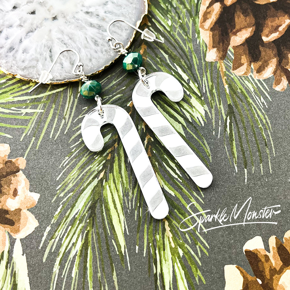 Candy Cane dangle earrings with Jade Green crystals, silver mirror, laser cut acrylic