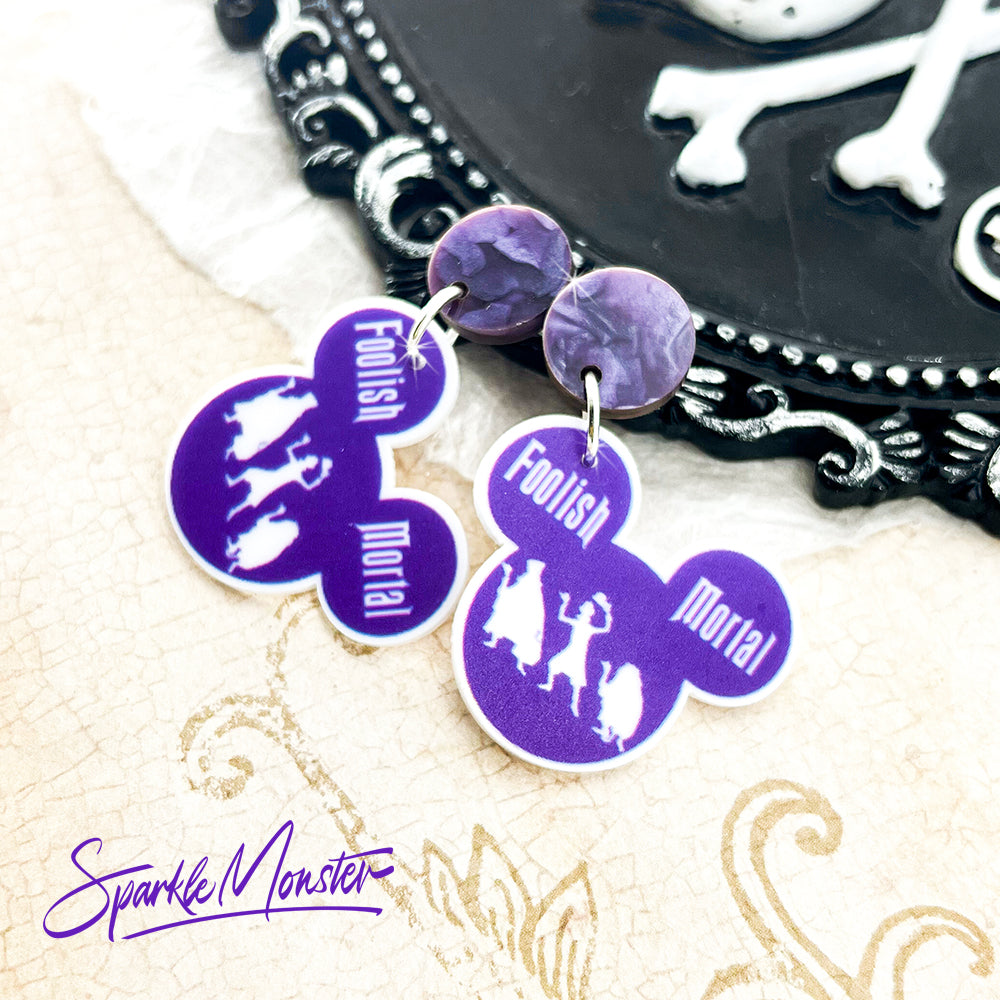 SALE Foolish Mortal - dangle earrings, laser cut acrylic, purple, Haunted Mansion