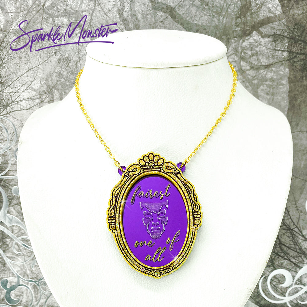 Magic Mirror necklace, laser cut acrylic, nostalgic, holo gold glitter, movie inspired