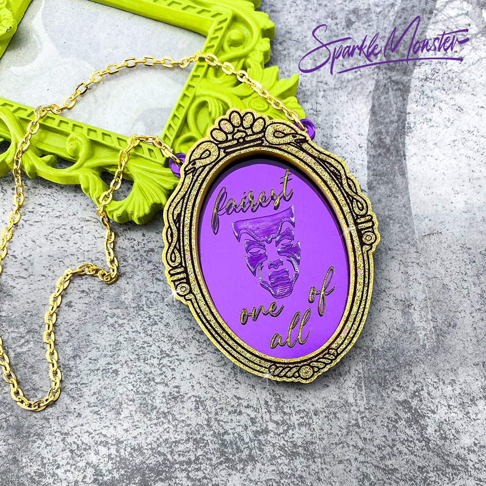 Magic Mirror necklace, laser cut acrylic, nostalgic, holo gold glitter, movie inspired