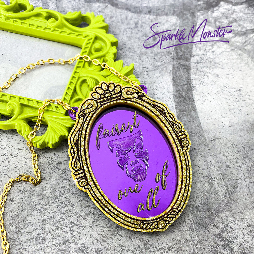 Magic Mirror necklace, laser cut acrylic, nostalgic, holo gold glitter, movie inspired