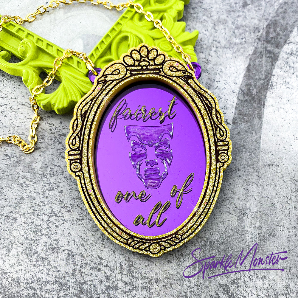 Magic Mirror necklace, laser cut acrylic, nostalgic, holo gold glitter, movie inspired