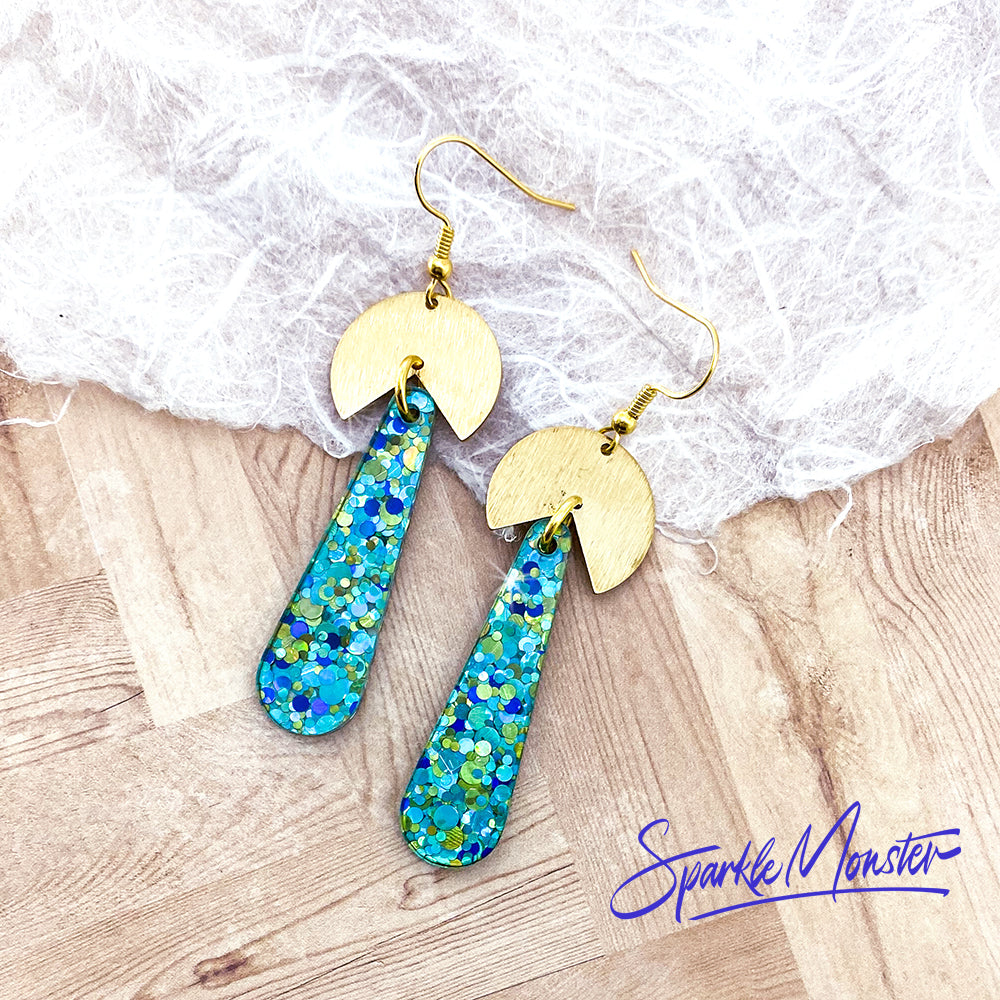 SALE Bauhaus Babe dangle earrings, aqua blue confetti glitter, laser cut acrylic, retro, gold, geometric