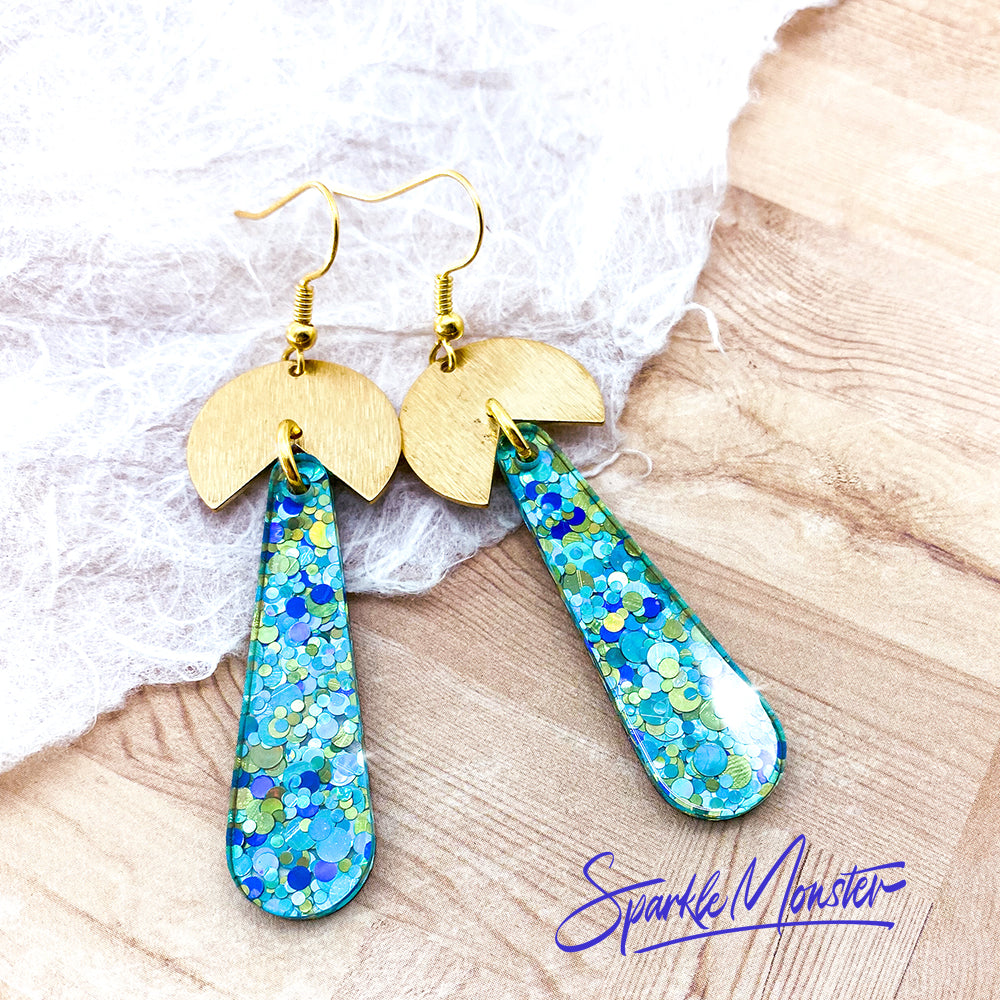 SALE Bauhaus Babe dangle earrings, aqua blue confetti glitter, laser cut acrylic, retro, gold, geometric
